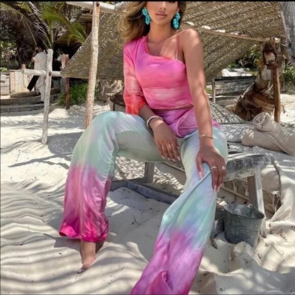 NWOT Zara Satin Effect Tie Dye Wrap Pants